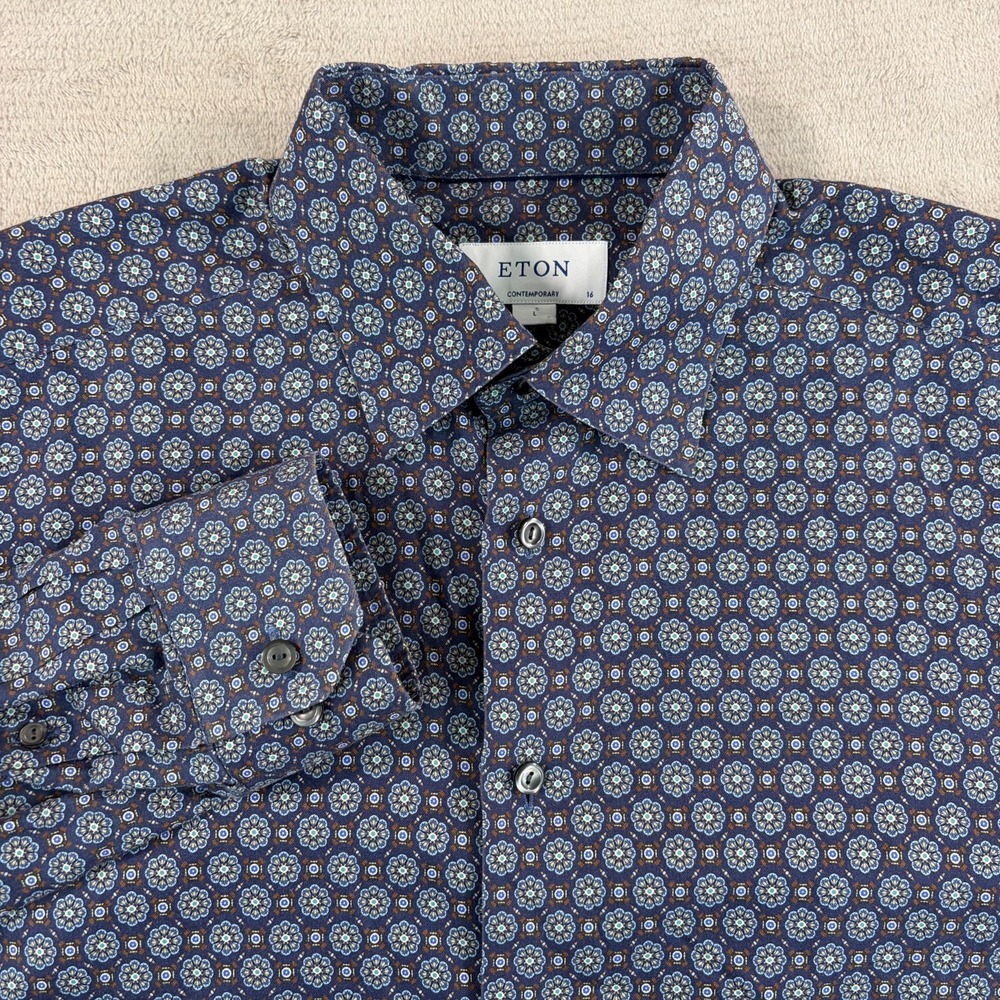 ETON Dress Shirts Contemporary Men Large 41 16 Blue Floral Geo Slim Fit Twill